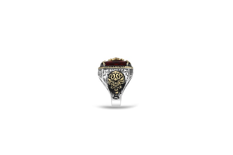 Ruby Red Crystal Rectangular Statement 925 Sterling Silver Men Ring: Two-Tone Ottoman Design image 3
