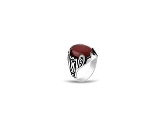 Red Carnelian Oval Statement 925 Sterling Silver Men Ring: Ottoman Tulip Motif Design