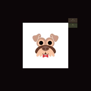 May include: A cartoon dog's face, featuring large, round eyes, floppy ears, and a brown mustache. The dog wears a red bow tie, set against a white background.