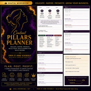 May include: Digital workbook titled "Content Pillars Planner" with a gold and purple design. The planner includes sections for education, inspiration, and promotion, with a focus on building trust and income. It is designed for bloggers, coaches, authors, shop owners, and content creators.