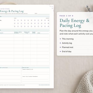 Page 2 of the ME/CFS Daily Pacing Planner: Daily Energy & Pacing Log. Sections: This morning, Activity log, Planned rest, End of day.