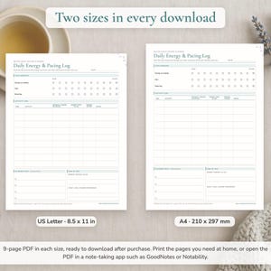 The same page of the ME/CFS Daily Pacing Planner in US Letter and A4 size, side by side. Both PDF files come with the download.