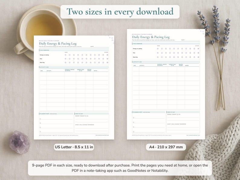 The same page of the ME/CFS Daily Pacing Planner in US Letter and A4 size, side by side. Both PDF files come with the download.