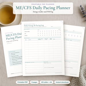 The Daily Energy & Pacing Log page of the ME/CFS Daily Pacing Planner on a styled desk, with the cover and the Daily Energy Envelope page behind it. Labels: printable PDF, 9 pages, US Letter and A4, instant download.