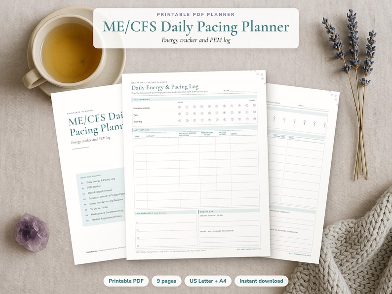 The Daily Energy & Pacing Log page of the ME/CFS Daily Pacing Planner on a styled desk, with the cover and the Daily Energy Envelope page behind it. Labels: printable PDF, 9 pages, US Letter and A4, instant download.