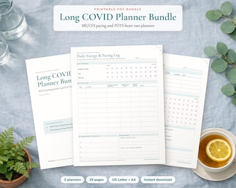 May include: A printable PDF bundle titled Long COVID Planner Bundle, featuring ME/CFS pacing and POTS heart rate planners. The pages include a Daily Energy & Pacing Log with sections for tracking activities, energy levels, and daily notes in a clean layout.