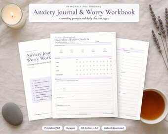 Anxiety Journal and Worry Workbook for Women, Grounding Prompts, Daily Check-In Pages, Printable PDF