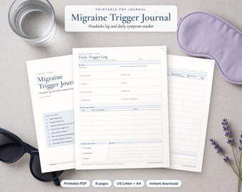 Migraine Trigger Journal, Headache Log and Daily Symptom Tracker, Printable PDF