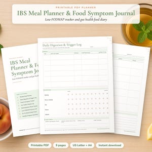 Planer posiłków dla osób z zespołem jelita drażliwego (IBS), dziennik żywieniowy o niskiej zawartości FODMAP i dziennik objawów problemów jelitowych, plik PDF do druku