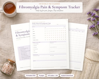 May include: A printable PDF Fibromyalgia Pain & Symptom Tracker planner with multiple pages. The sheets feature sections for daily logs, pain, fatigue, sleep, and flares, with clear headings and checkboxes for tracking symptoms and daily activities.