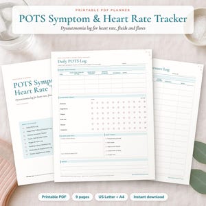Może przedstawiać: Planer w formacie PDF do druku zatytułowany POTS Symptom & Heart Rate Tracker, zawierający dziennik tętna, spożycia płynów i objawów. Dokument zawiera kolumny do monitorowania ciśnienia krwi oraz codziennych wskaźników zdrowotnych.