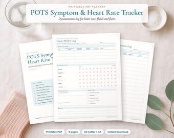 May include: A printable PDF planner titled POTS Symptom & Heart Rate Tracker, featuring a daily log for heart rate, fluid intake, and symptoms. The document includes columns for tracking blood pressure and daily health metrics in a clean layout.
