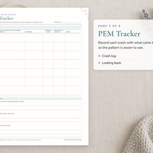 Page 3 of the ME/CFS Daily Pacing Planner: PEM Tracker. Sections: Crash log, Looking back.