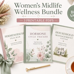 Puede incluir: Tres documentos PDF imprimibles titulados Midlife Wellness Bundle, que incluyen un Perimenopause Tracker, un Hormone Cycle Tracker y un Household Management System. Cada portada presenta ilustraciones florales en acuarela suave.