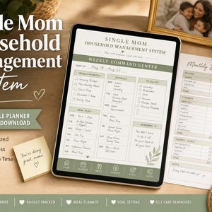 May include: A digital planner for single moms, featuring a weekly command center, meal plan, and budget tracker. The image includes a tablet displaying the planner, a budget tracker, a pen, a coffee mug, and a framed photo.