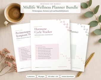 Midlife Wellness Bundle, Perimenopause and Hormone Cycle Trackers Plus Household Planner, Printable PDF