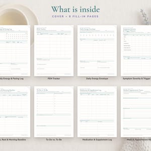 Thumbnails of the 8 fill-in pages in the ME/CFS Daily Pacing Planner: Daily Energy & Pacing Log, PEM Tracker, Daily Energy Envelope, Symptom Severity & Trigger Pattern, Sleep, Rest & Morning Baseline, To-Do vs. To-Be, Medication & Supplement Log, Medical Appointment Notes.