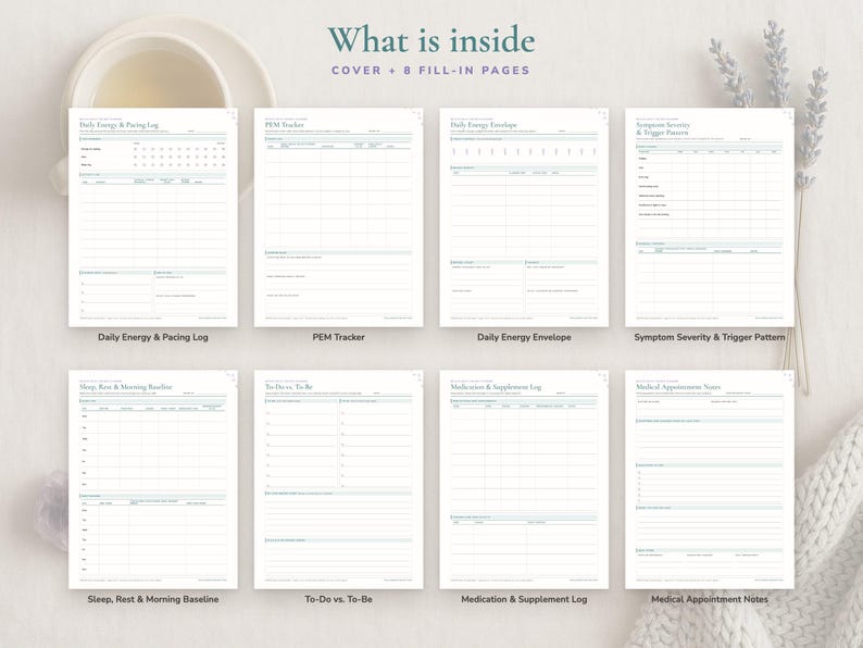 Thumbnails of the 8 fill-in pages in the ME/CFS Daily Pacing Planner: Daily Energy & Pacing Log, PEM Tracker, Daily Energy Envelope, Symptom Severity & Trigger Pattern, Sleep, Rest & Morning Baseline, To-Do vs. To-Be, Medication & Supplement Log, Medical Appointment Notes.
