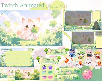 Cute Cat With Clover Leaf Twitch Animated Stream Package | Green Aesthetic | Flowers | Streaming Asset | Twitch Overlay | Screen | Badges