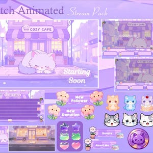 May include: A Twitch animated stream pack with a cozy cafe theme. The pack includes a sleeping cat, cafe storefront, and various animated overlays and graphics in shades of purple. Graphics include flower and cat emotes, donation and about me buttons, and a schedule bar.
