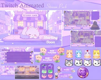 Cozy Cat Cafe Sakura Animated Stream Package, Purple Stream, Cute, Overlay, Twitch screen, Aesthetic, Flower, Screens, Panels, Shop, Alerts