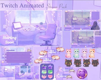 Cat Cozy Room Animated Stream Package, Purple Stream, Cute, Overlay, Twitch screen, Aesthetic, Twitch, Panels, Alerts, Kawai, Bedroom