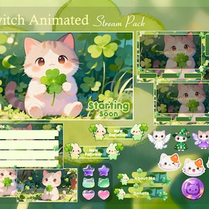 May include: A Twitch Animated Stream Pack with a cute cartoon cat holding a four-leaf clover. The pack includes various animated overlays, panels, and widgets in shades of green and white, with the text "Starting Soon".