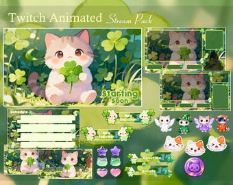 Cute Cat Clover Leaf Twitch Animated Stream Package | Cozy | Green Aesthetic | Flowers | Streaming Asset | Twitch Overlay | Screen | Badges