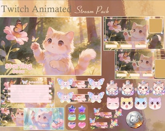 Cute Cat Playing Butterfly Twitch Animated Stream Package | Aesthetic | Garden | Streaming Asset | Twitch Overlay | Screen | Badge | Panels
