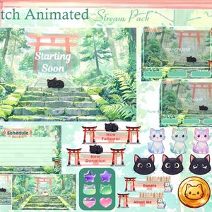 Op de afbeelding: Een Twitch geanimeerd stream pack met een bos thema. Het pack bevat geanimeerde overlays, panelen en waarschuwingen met een zwarte kat, Japanse torii poorten en schattige kat illustraties. Tekst bevat "Starting Soon", "Schedule", "New Follower", "New Donation", "Donate" en "About Me".
