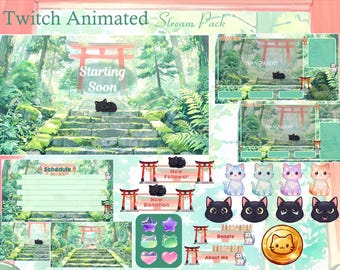 Cute Cat Torii Gate Animated Stream Package, Japan Stream, Cute, Overlay, Japanese Shrine, Twitch screen, Aesthetic, Japanese Temple, Mystic