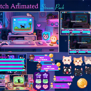 Paquete de transmisión animada Pixel Cat / Juego / Lofi / Habitación acogedora / Lindo / Superposición / Pantalla de Twitch / Estética / Pixelado / Retro / Neón / Noche