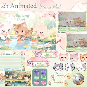 Op de afbeelding: Een Twitch geanimeerd stream pack met cartoon kittens in een vijver omgeving. Het pack bevat geanimeerde overlays, panelen en emotes in pastelkleuren. Tekst omvat "Starting Soon", "Schedule", "New Donation", "New Follower", "Donate" en "About Me".