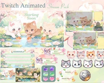 Cat Fish Stream Animated Pack / Green / Flowers / Water / Sakura / Lotus / Cute / Overlay / Twitch screen / Twitch Overlay / Kawai Aesthetic