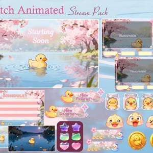 May include: A Twitch animated stream pack featuring a cherry blossom lake theme with yellow rubber ducks. Includes overlays with text Starting Soon, Schedule, New Follower, New Donation, Donate, About Me, plus duck icons, jars, and star shapes.