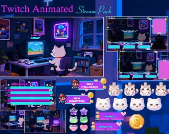 Cat Game Pixel Animated Stream Package / Game / Lofi / Cozy Room / Cute / Overlay / Twitch screen / Aesthetic / Pixelate / Retro / Neon