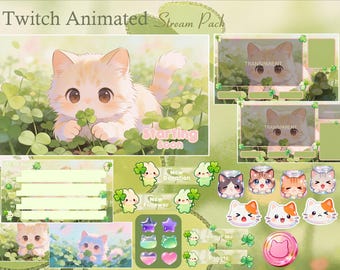 Cute Cat Playing Clover Leaf Twitch Animated Stream Package | Green Aesthetic | Flowers | Streaming Asset | Twitch Overlay | Screen | Badges