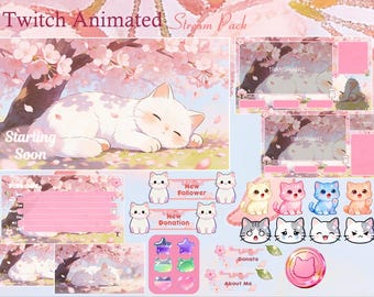 Sleeping Cute Cat Sakura Animated Stream Package, Floral Stream, Cute, Overlay, Cherry Blossoms, Twitch screen, Aesthetic, Flower, Twitch