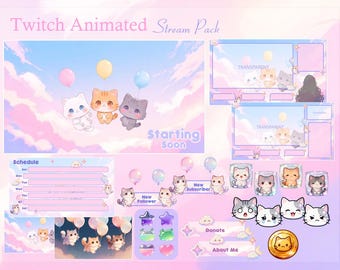 Cute Cat With Balloons Twitch Animated Stream Package | Sky | Clouds | Purple Aesthetic | Streaming Asset | Twitch Overlay | Screen | Badges