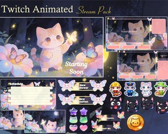 Cat Butterfly Stream Package / Moon / Night / Dark / Cute / Overlay / Starry / Firefly / Twitch screen / Twitch Overlay / Aesthetic / Flower