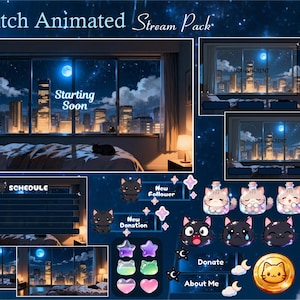 Könnte beinhalten: Ein Twitch-animiertes Stream-Paket mit einem Nachtstadt-Thema. Enthält animierte Overlays, Panels und Benachrichtigungen. Das Haupt-Overlay zeigt ein Schlafzimmer mit Stadtblick und dem Text "Starting Soon". Zusätzliche Panels sind "Schedule", "New Follower" und "Donate".