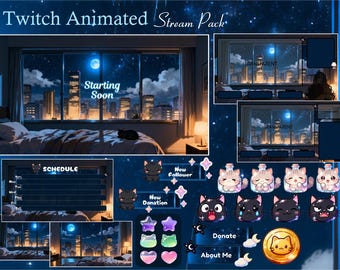 Cozy Cat Room Animated Stream Package / Magical / Lofi / Cozy Room / Cute /Overlay / Twitch screen / Twitch Overlay / Aesthetic / Moon /Blue