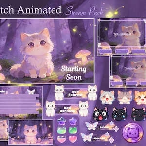 Puede incluir: Un paquete de transmisión animada de Twitch con un tema morado y blanco. El paquete incluye un lindo gato de dibujos animados, fondos de bosque y varios elementos de superposición. El texto incluye "Starting Soon", "Schedule", "New Follower" y "New Donation".