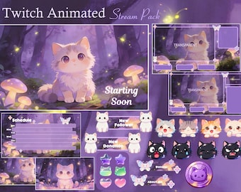 Cute Cat Enchanted Forest Stream Package / Magical / Firefly / Mushroom / Cute / Overlay / Twitch screen / Twitch Overlay / Purple Aesthetic