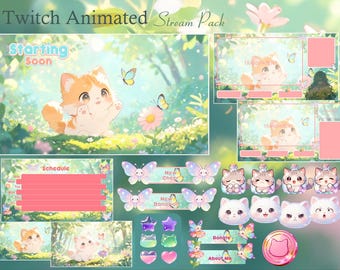 Cute Cat With Butterfly Twitch Animated Stream Package | Aesthetic | Garden |Streaming Asset |Twitch Overlay |Screen | Badge | Panels |Green