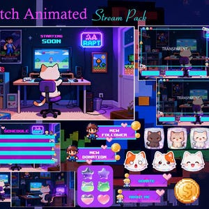 Może przedstawiać: Cyfrowy animowany pakiet do streamowania na Twitchu z grafiką pixel art, zawierający kota przy biurku komputerowym, ramki nakładek z przezroczystymi obszarami, szablony harmonogramu, powiadomienia o obserwujących oraz ikony z kotami.