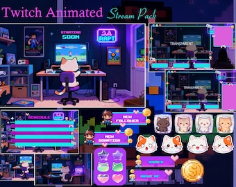 Gaming Cat Pixel Animated Stream Package / Game / Lofi / Cozy Room / Cute / Overlay / Twitch screen / Aesthetic / Pixelate / Retro / Neon