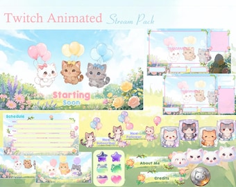 Cute Cat With Balloons In Garden Twitch Animated Stream Package | Aesthetic | Flowers | Streaming Asset | Twitch Overlay | Screen | Badges