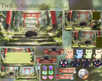 Black Cat Torii Gate Animated Stream Package, Japan Stream, Cute, Overlay, Japanese Shrine, Twitch screen, Aesthetic, Japanese Temple,Mystic