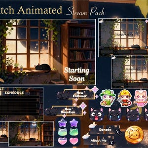 Op de afbeelding: Een digitaal stream pack met een gezellige esthetiek. Het ontwerp bevat een raamscène met een zwarte kat, een boekenkast en diverse geanimeerde overlays. Het pack bevat panelen voor schema-, nieuwe volger- en donatie-alerts, samen met schattige kat-thema emotes.